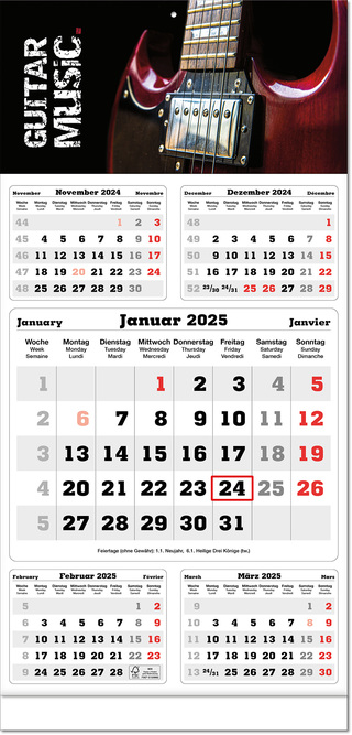 Fünf-Monats-Planer "Classic times 5" im Format 30 x 63 cm, grau, Datumsweiser umgelegt, mit Fußleiste