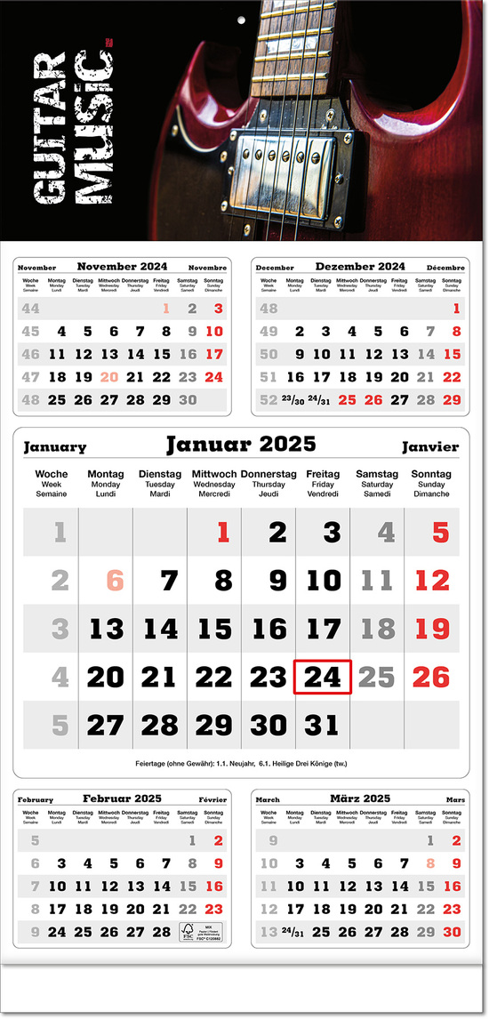 Fünf-Monats-Planer "Classic times 5" im Format 30 x 63 cm, grau, Datumsweiser umgelegt, mit Fußleiste