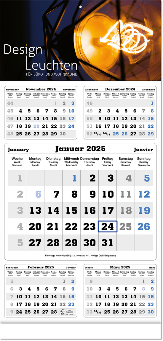 Fünf-Monats-Planer "Classic times 5" im Format 30 x 63 cm, grau/blau, Datumsweiser blau umgelegt, mit Fußleiste