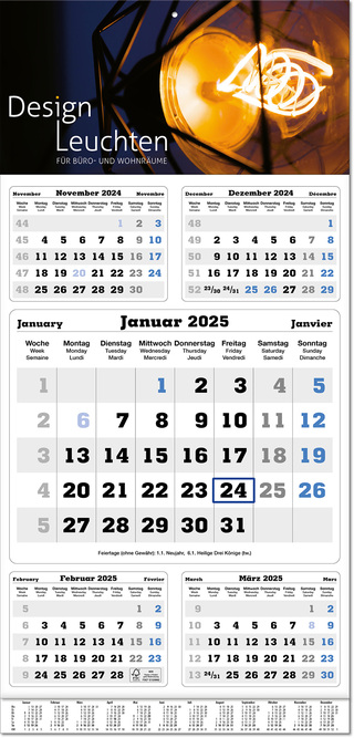 Fünf-Monats-Planer "Classic Times 5" im Format 30 x 63 cm, grau/blau, Datumsweiser blau umgelegt, mit Übersichtskalendarium auf der Fußleiste