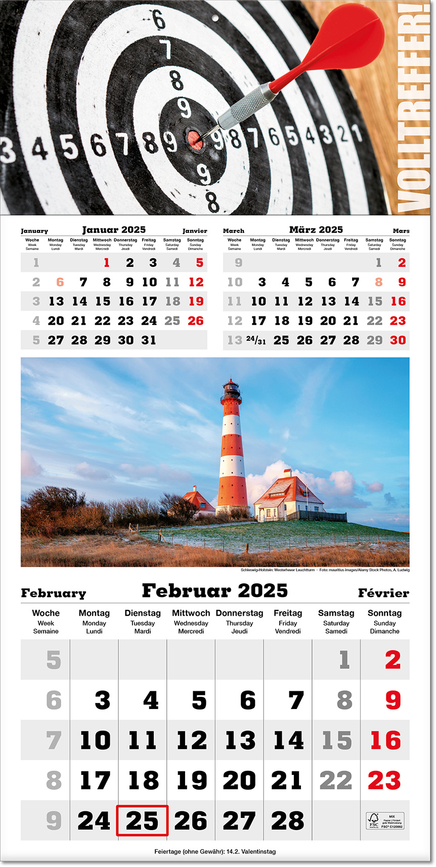 Drei-Monats-Kalender "Classic Bildplaner" im Format 30 x 60 cm, Datumsweiser umgelegt