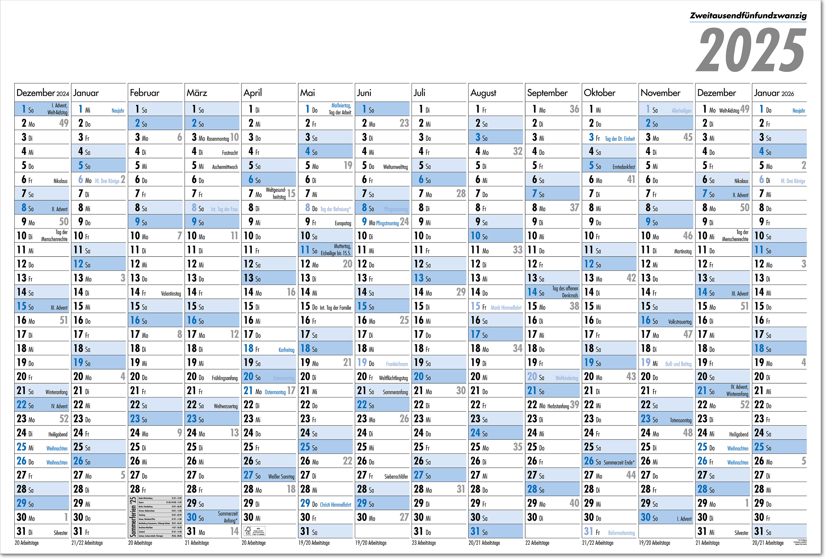Plakatplaner mit deutschem Kalendarium, schwarz/blau, im Format 101,5 x 68,5 cm