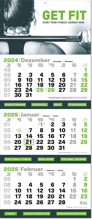 3-Monats-Kalender "Green3plus" mit deutsch-mehrsprachigem Kalendarium im Format 34 x 81,6 cm