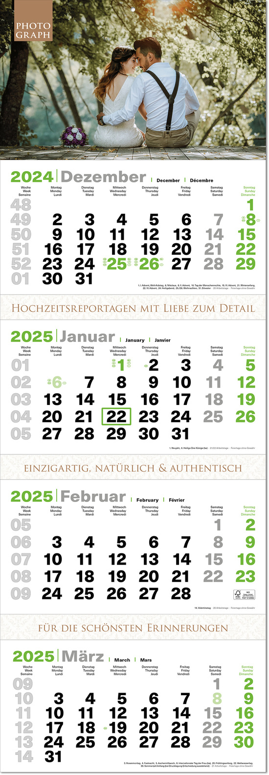 4-Monats-Kalender "Green4" mit deutsch-mehrsprachigem Kalendarium im Format 34 x 98,8 cm