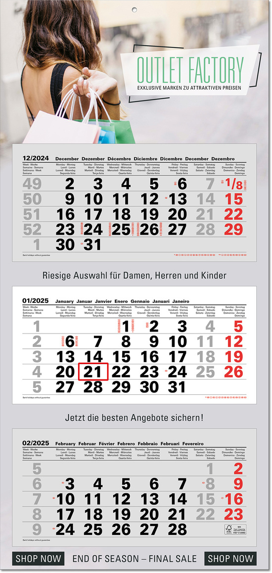 3-Monatsplaner "Junior-3" mit europäischem Kalendarium im Format 33 x 70 cm, grau