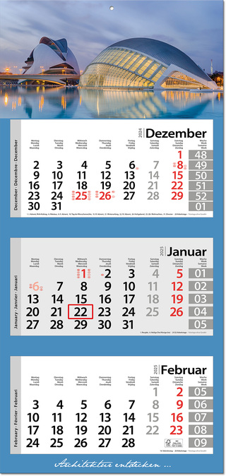 3-Monatskalender "Style-3" mit deutsch-mehrsprachigem Kalendarium im Format 33 x 70 cm