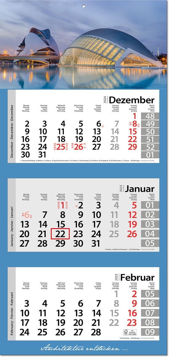 3-Monatskalender "Style-3" mit deutsch-mehrsprachigem Kalendarium im Format 33 x 70 cm