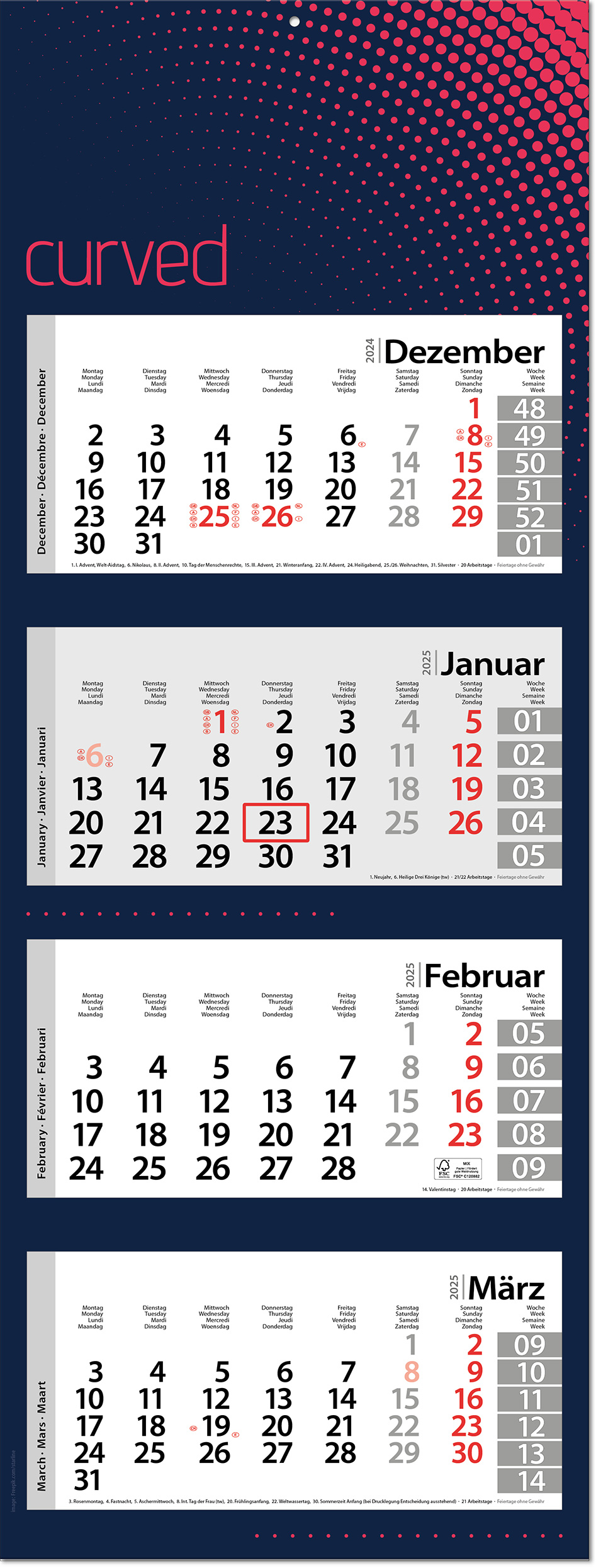 4-Monatskalender "Style-4" mit deutsch-mehrsprachigem Kalendarium im Format 33 x 87,5 cm