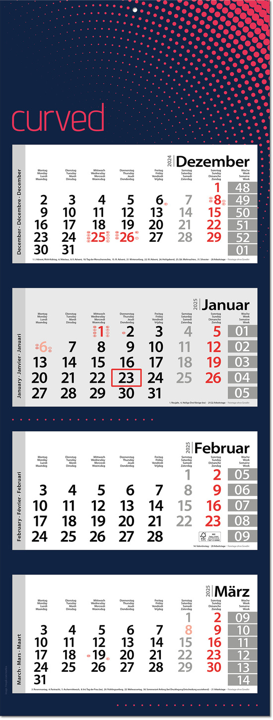 4-Monatskalender "Style-4" mit deutsch-mehrsprachigem Kalendarium im Format 33 x 87,5 cm