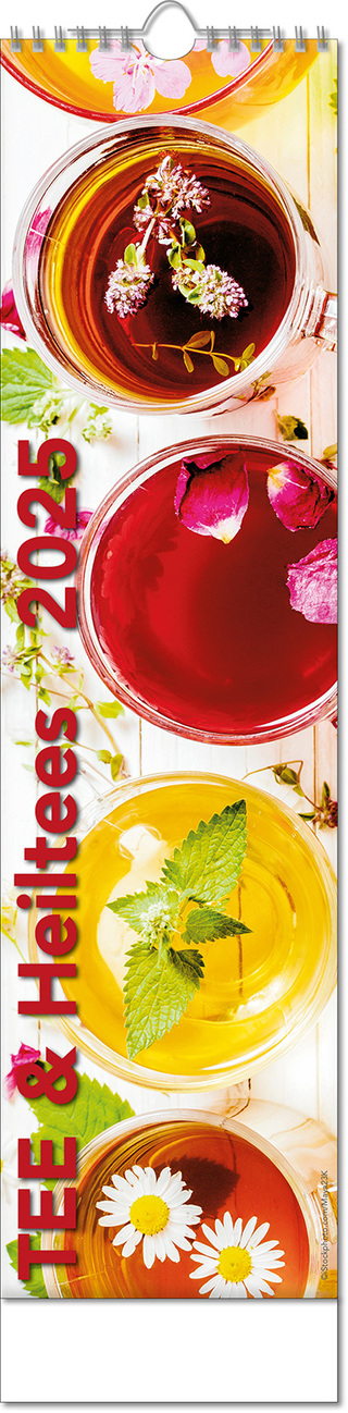 Kalender "Tee & Heiltees" im Format 13 x 52,5 cm, mit Wire-O Bindung und verlängerter Rückwand