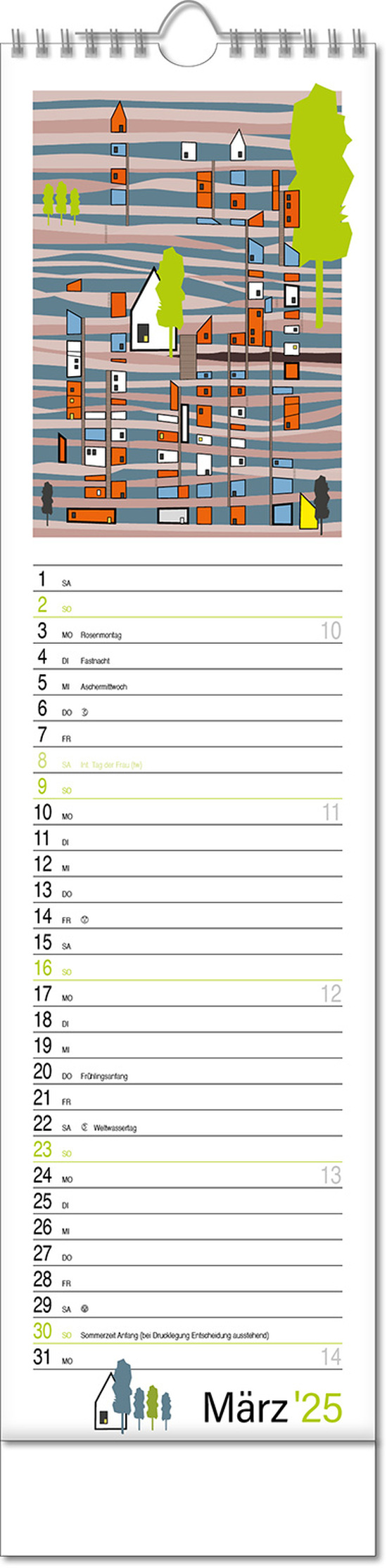 Kalender "Hyygelig" im Format 13 x 52,5 cm, mit Wire-O Bindung und verlängerter Rückwand