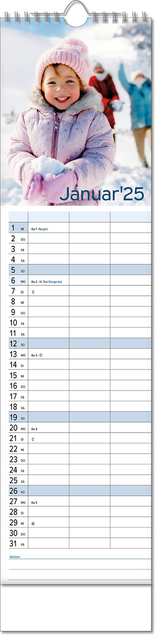 Kalender "Auszeit" im Format 13 x 52,5 cm, mit Wire-O Bindung und verlängerter Rückwand