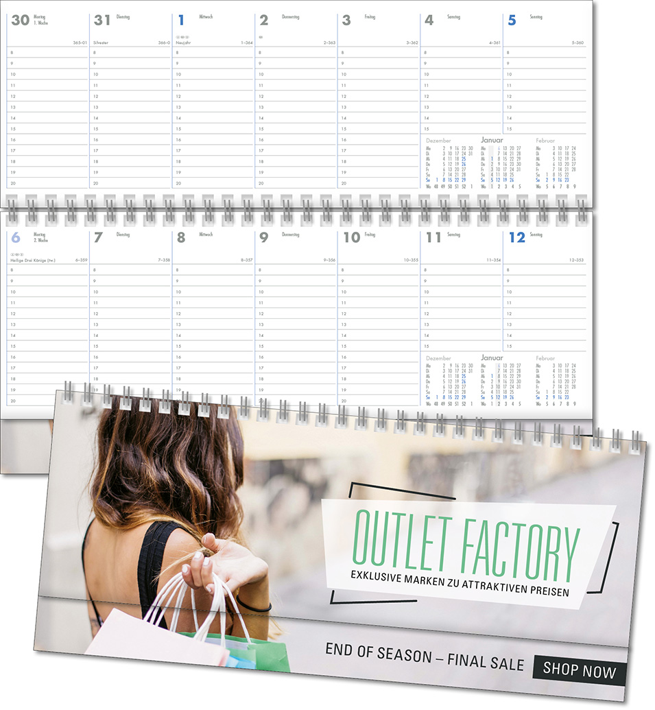 Schreibtischquerkalender "Business" mit überstehender Kartonrückwand im Format 30,5 x 13,5 cm, Kalendarium grau/blau