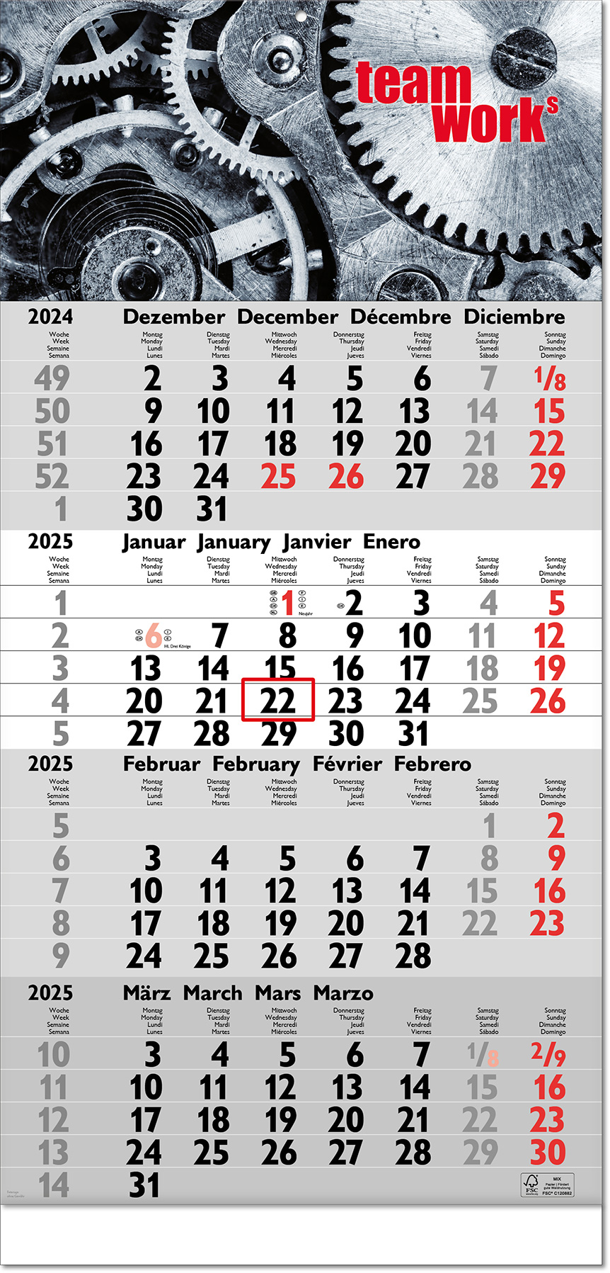 Vier-Monats-Planer "Tetra" mit verlängerter Rückwand im Format 30 x 63 cm, Datumsweiser umgelegt