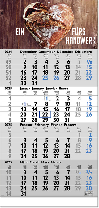 Vier-Monats-Planer "Tetra" mit verlängerter Rückwand im Format 30 x 63 cm, grau/blau, Datumsweiser blau umgelegt