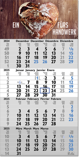 Vier-Monats-Planer "Tetra" im Format 30 x 60 cm, grau/blau, Datumsweiser blau umgelegt