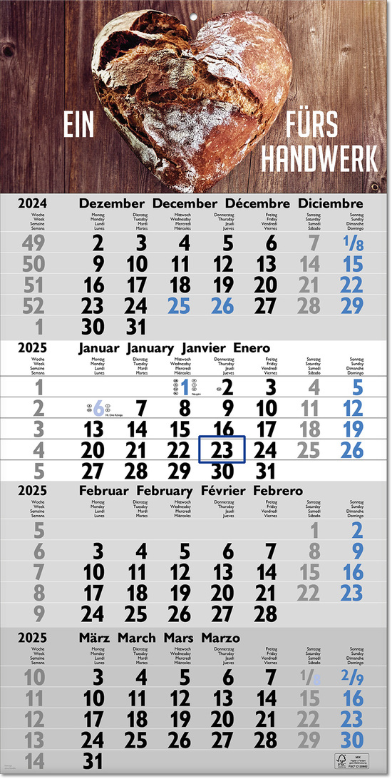 Vier-Monats-Planer "Tetra" im Format 30 x 60 cm, grau/blau, Datumsweiser blau umgelegt