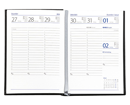 Taschenkalender "Taschenbuch Woche" im Format 10,5 x 14,8 cm, deutsches Kalendarium Grau/Blau mit Leseband, 144 Seiten Fadenheftung, Einband Slinky mittelblau
