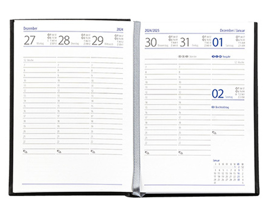 Taschenkalender "Taschenbuch Woche" im Format 10,5 x 14,8 cm, deutsches Kalendarium Grau/Blau mit Leseband, 144 Seiten Fadenheftung, Einband Magic anthrazit