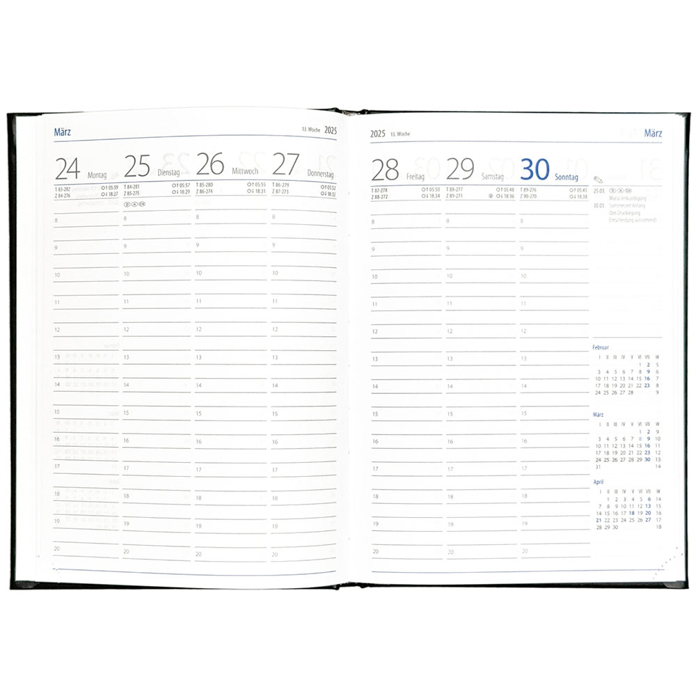 Wochenkalender "Klassik D" im Format 14,5 x 20,5 cm, 144 Seiten, 1-spr. Deutsch, 2-farbig grau/blau, mit runder Eckenperforation, Fadenheftung, 1 Leseband,  Decke Seattle anthrazit, Vorderseite mit Prägung