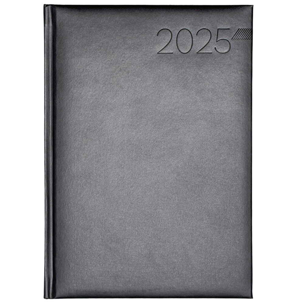 Wochenkalender "Klassik D" im Format 14,5 x 20,5 cm, 144 Seiten, 1-spr. Deutsch, 2-farbig grau/blau, mit runder Eckenperforation, Fadenheftung, 1 Leseband,  Decke Seattle anthrazit, Vorderseite mit Prägung