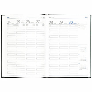 Wochenkalender "Klassik D" im Format 14,5 x 20,5 cm, 144 Seiten, 1-spr. Deutsch, 2-farbig grau/blau, mit runder Eckenperforation, Fadenheftung, 1 Leseband,  Decke Seattle anthrazit, Vorderseite mit Prägung
