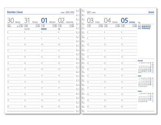 Wochenkalender "Klassik D Wire" im Format 14,5 x 20,5 cm, deutsches Kalendarium Grau/Blau, 144 Seiten, Wire-O-Bindung, mit Eckenperforation, Deckelpaar Slinky mittelblau