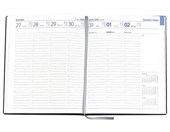 Wochenkalender "Manager D" im Format 21 x 26 cm, deutsches Kalendarium Grau/Blau mit Leseband, 144 Seiten Fadenheftung, Eckenperforation, Einband Slinky bordeaux