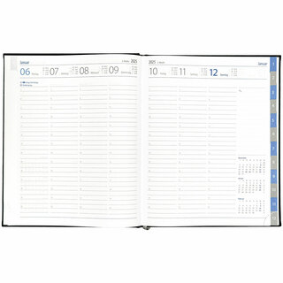 Wochenkalender "Manager Register D" im Format 21 x 26 cm, 144 Seiten, 1-spr. Deutsch, 2-farbig grau/blau, Fadenheftung, Monatsregister, 1 Leseband, Decke Arizona mittelblau, Vorderseite mit Blindprägung