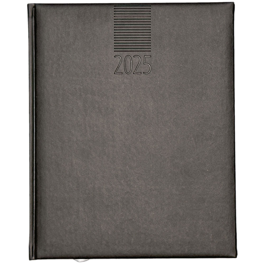 Wochenkalender "Manager Register D" im Format 21 x 26 cm, 144 Seiten, 1-spr. Deutsch, 2-farbig grau/blau, Fadenheftung, Monatsregister, 1 Leseband, Decke Arizona schwarz, Vorderseite mit Blindprägun