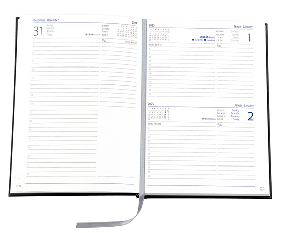 Buchkalender "Trend Chefkalender INT" im Format 14,5 x 20,5 cm, Kalendarium 4-sprachig D/F/I/GB Grau/Blau mit Leseband, 352 Seiten Fadenheftung, Eckenperforation, Einband Slinky dunkelblau