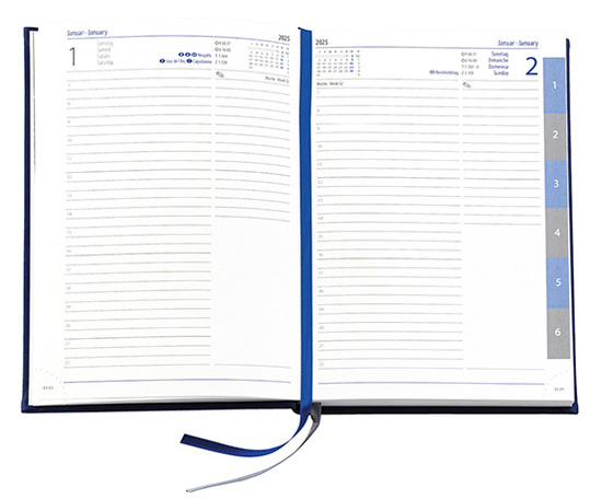 Buchkalender "Daily Chefkalender Register INT" im Format 14,5 x 20,5 cm, Kalendarium 4-sprachig D/F/I/GB Grau/Blau mit 2 Lesebändern und Registerstanzung, 416 Seiten Fadenheftung, Eckenperforation, Einband Magic rot