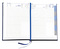 Buchkalender "Daily Chefkalender Register INT" im Format 14,5 x 20,5 cm, Kalendarium 4-sprachig D/F/I/GB Grau/Blau mit 2 Lesebändern und Registerstanzung, 416 Seiten Fadenheftung, Eckenperforation, Einband Magic rot