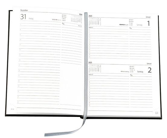 Buchkalender "Basic Chefkalender" im Format 14,5 x 20,5 cm, deutsches Kalendarium Grau mit Leseband, 320 Seiten Fadenheftung, Eckenperforation, Einband Balacron burgund