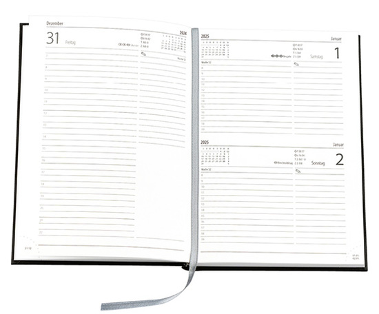 Buchkalender "Basic Chefkalender" im Format 14,5 x 20,5 cm, deutsches Kalendarium Grau mit Leseband, 320 Seiten Fadenheftung, Eckenperforation, Einband Balacron burgund