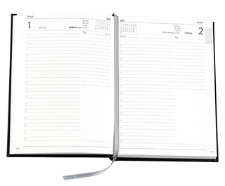 Buchkalender "Tages Chefkalender" im Format 14,5 x 20,5 cm, deutsches Kalendarium Grau mit Leseband, 416 Seiten Fadenheftung, Eckenperforation, Einband Balacron burgund