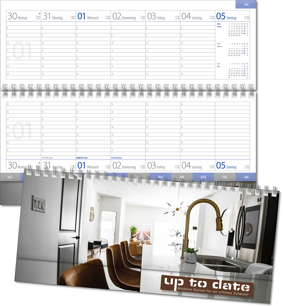 Schreibtischquerkalender "Top Register D" mit überstehender Kartonrückwand im Format 30,5 x 13,5 cm, mit Registerschnitt