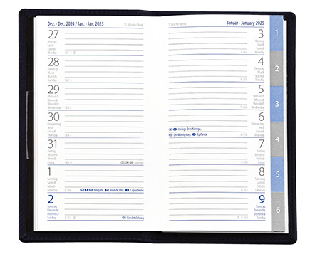 Taschenplaner "Exquisit Register INT" im Format 9,5 x 16 cm, Kalendarium 4-sprachig D/F/I/GB Grau/Blau mit Registerstanzung, 64 Seiten gebunden + 16 Seiten ABC-Heft, eingesteckt in PVC-Hülle mittelblau