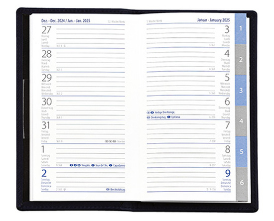 Taschenplaner "Exquisit Register INT" im Format 9,5 x 16 cm, Kalendarium 4-sprachig D/F/I/GB Grau/Blau mit Registerstanzung, 64 Seiten gebunden + 16 Seiten Adressheft Register, eingesteckt in PVC-Hülle schwarz
