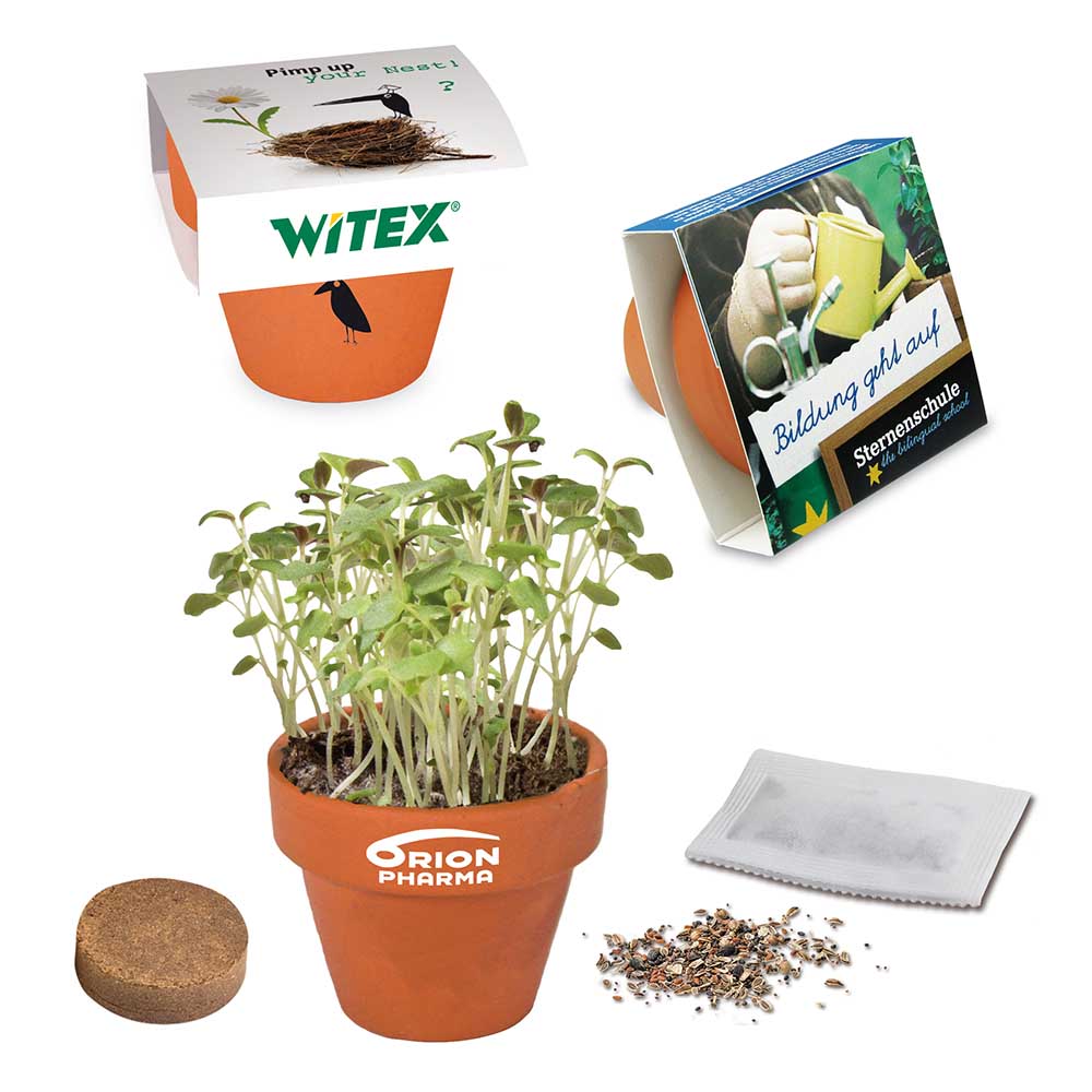 Logo-Töpfchen Banderole mit Samen - Gewürzpaprika