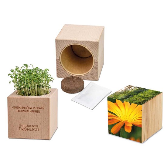 Pflanz-Holz Grande mit Samen - Ringelblume, 2 Seiten gelasert