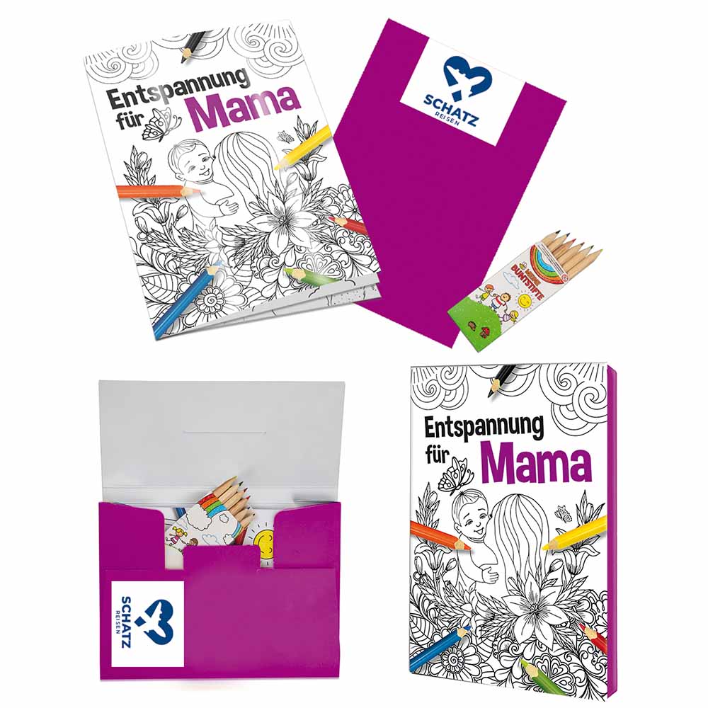 Malbuch / Mal-Set A6 - Entspannung für Mama - Malset mit 1-c Logoeindruck