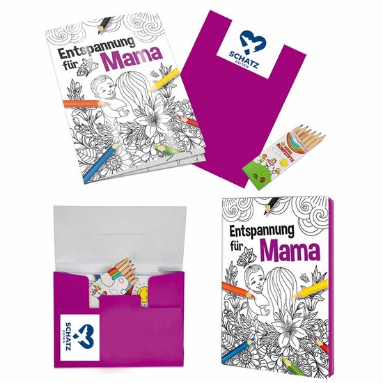 Malbuch / Mal-Set A6 - Entspannung für Mama - Malset mit 1-c Logoeindruck