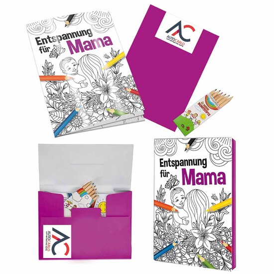 Malbuch / Mal-Set A6 - Entspannung für Mama - Malset mit 2-c Logoeindruck