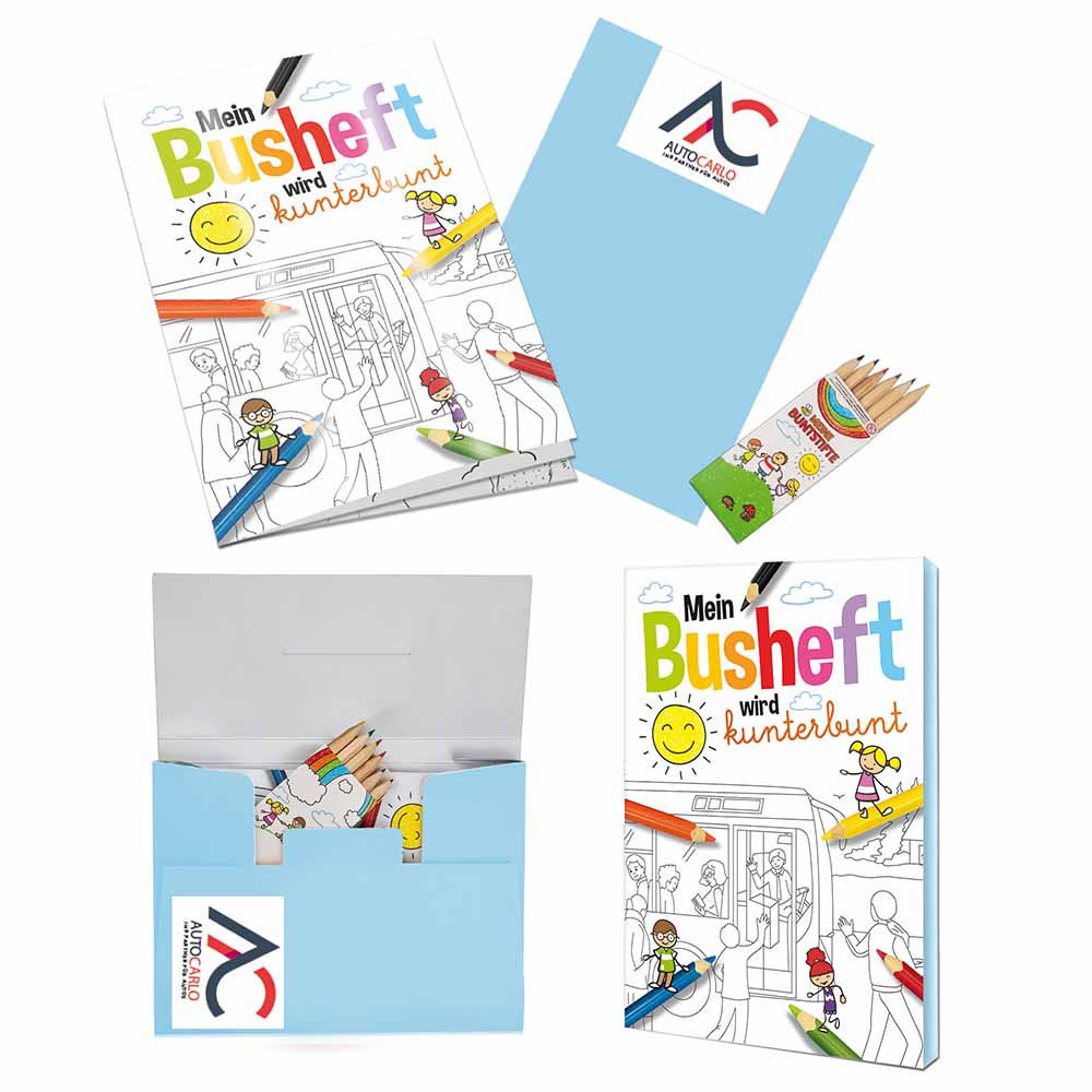 Malbuch / Mal-Set A6 - Bus - Malset mit 2-c Logoeindruck
