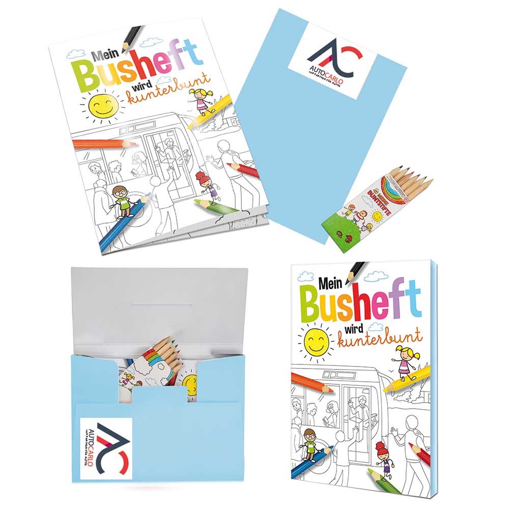Malbuch / Mal-Set A6 - Bus - Malset mit 2-c Logoeindruck