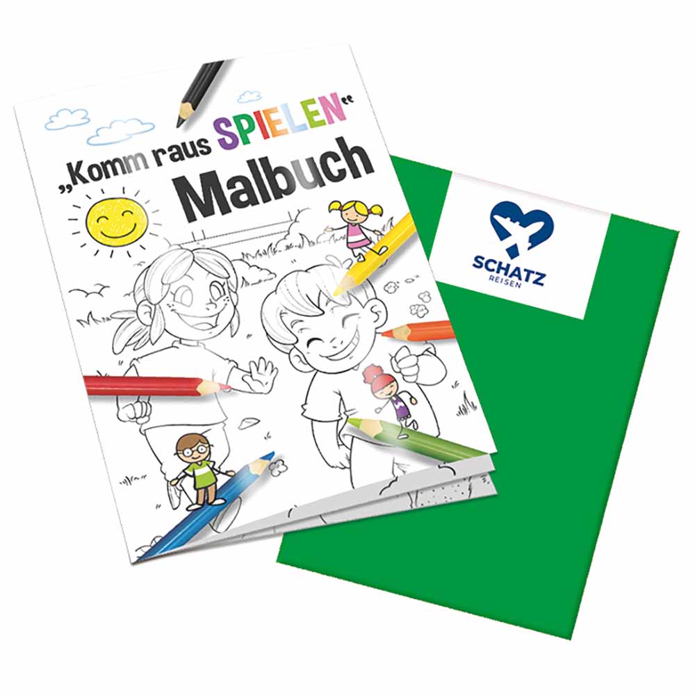 Malbuch / Mal-Set A6 - Komm-raus-spielen - Malbuch mit 1-c Logoeindruck