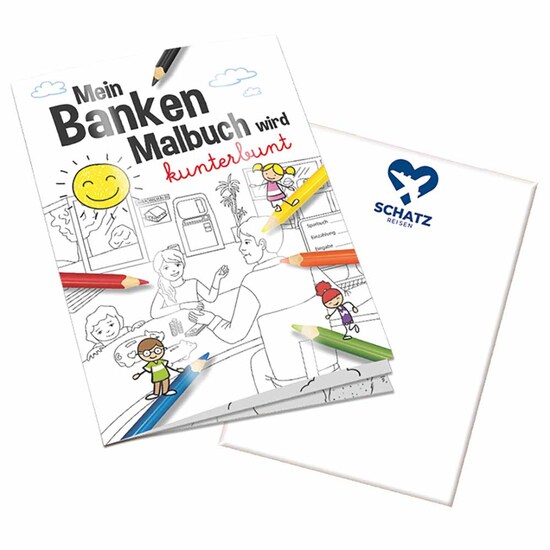 Malbuch / Mal-Set A6 - Banken - Malbuch mit 1-c Logoeindruck