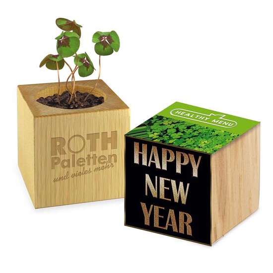 Pflanz-Holz Glücksklee - 2 Seiten gelasert  (* Je nach Verfügbarkeit der Glücksklee-Zwiebeln)