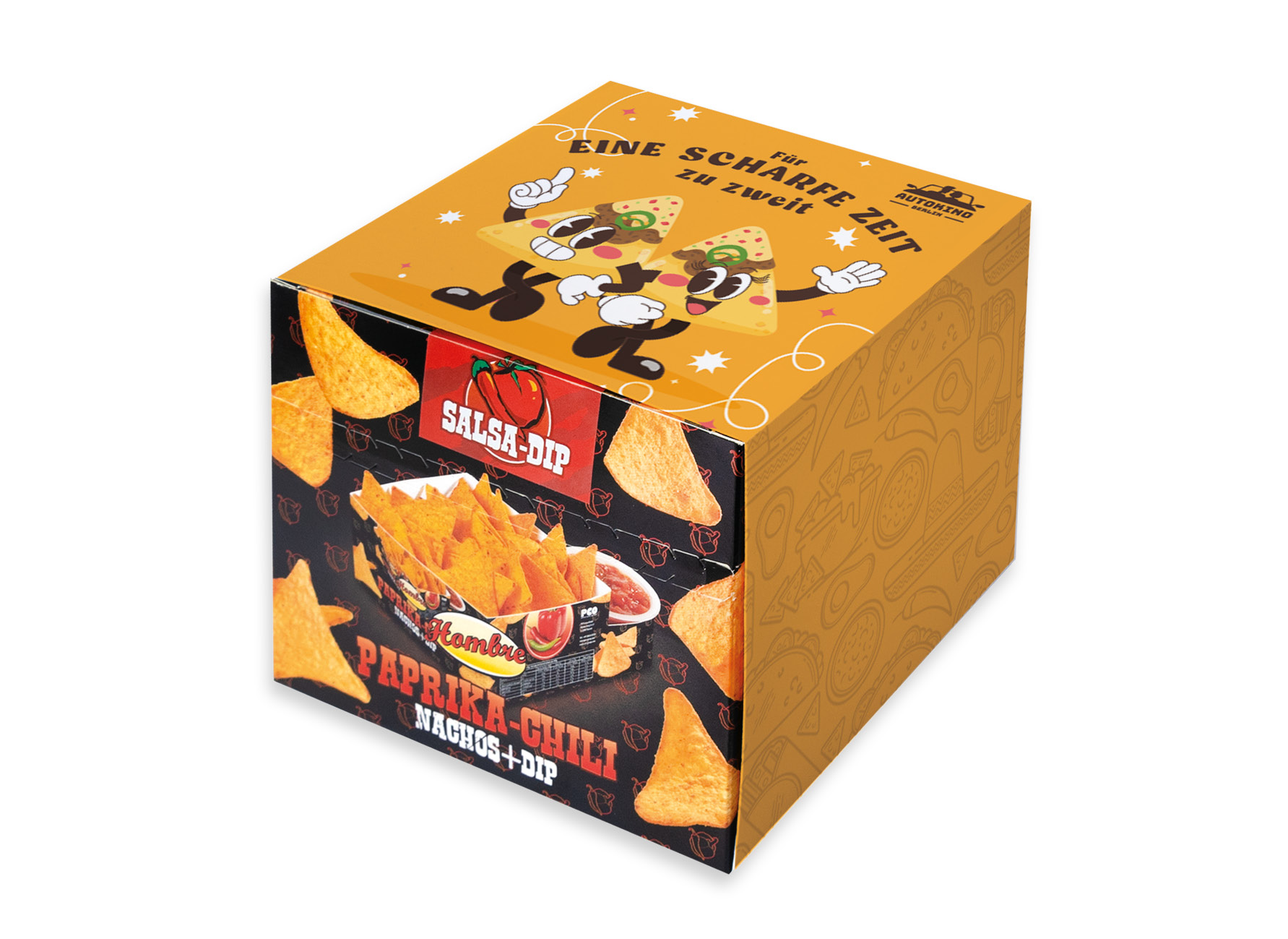 Nacho Box im Schuber, Inhalt: Nachos Paprika-Chili, Salsa Dip Spicy